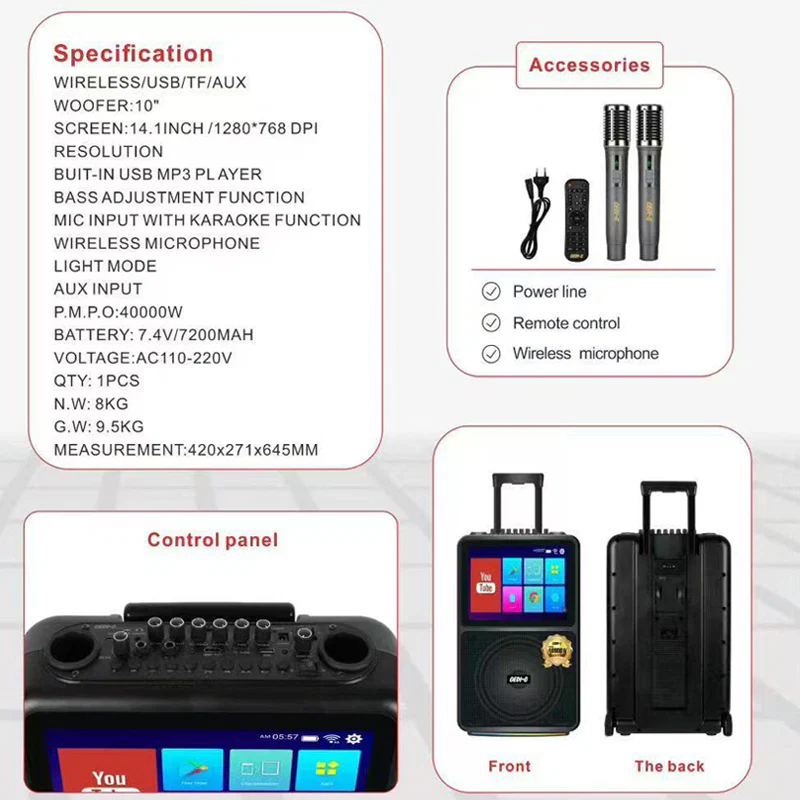 All in 1 Karaoke Machine Touch Screen, Bluetooth party speaker with Wireless microphone - Image 8